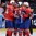 OSTRAVA, CZECH REPUBLIC - MAY 9: Norway's Andreas Martinsen #24, Alexander Bonsaksen #47 and Mats Rosseli Olsen #51 celebrate after Team Norway's first goal of the game during preliminary round action at the 2015 IIHF Ice Hockey World Championship. (Photo by Andrea Cardin/HHOF-IIHF Images)

